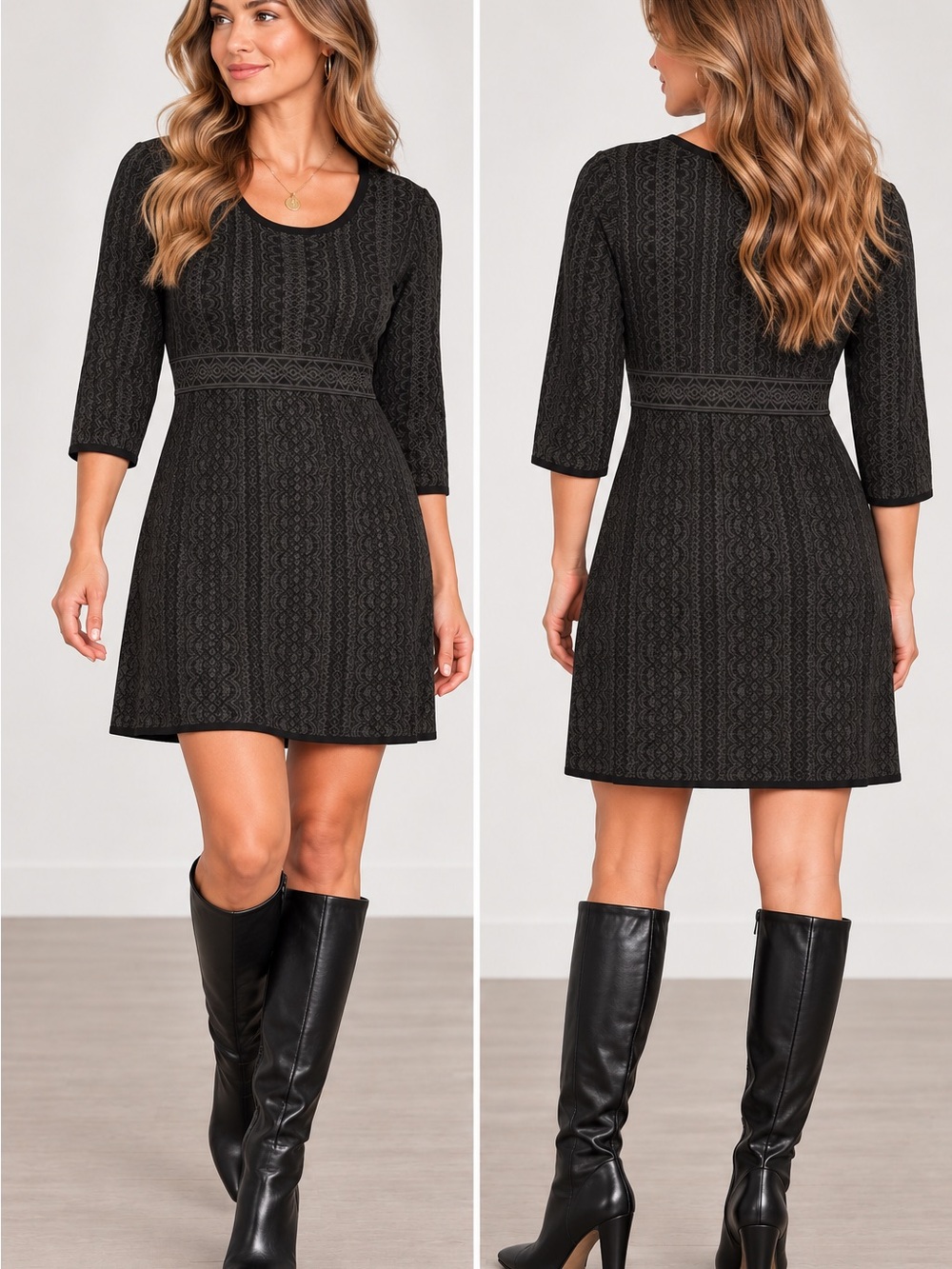 Nina Leonard Black Textured Scoop Neck A-Line Mini Dress